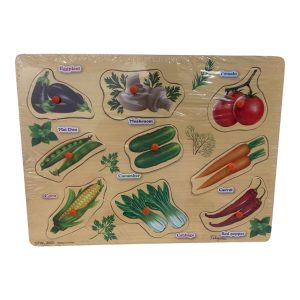 Wooden toy for toddlers featuring colorful vegetable names on small wooden blocks