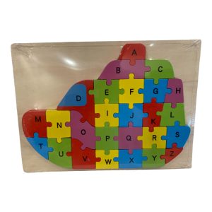 Colorful wooden puzzle for kids' learning, featuring shapes and letters