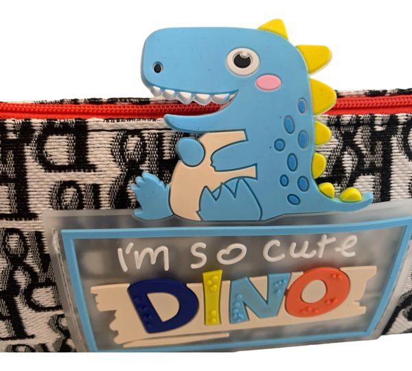 A charming pencil pouch featuring an adorable dinosaur design and the phrase "I Am So Cute." This single zipper pouch provides ample space for pencils, pens, and other small school supplies. Made with durable materials, it's perfect for kids who love dinosaurs and want a fun and functional way to keep their stationery organized