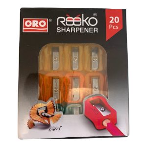 ORO Reeko Pencil Sharpener: A compact and stylish pencil sharpener with a durable construction. It features a transparent shavings container, an easy-to-turn handle, and a sharp blade for precise and efficient sharpening
