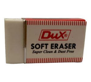 Dux Eraser: A white eraser with the Dux logo, perfect for precise erasing and smudge-free corrections