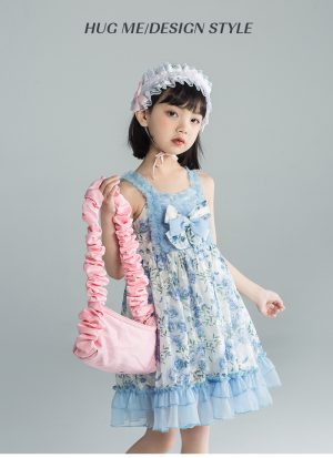 3-10 Years Girls Lolita Floral Printed Mesh Splicing Suspender Princess Frock