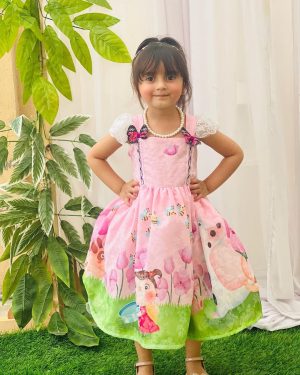 2-9 Years Pink Doll Cartoon Print Lawn Beautiful Butterfly Lace Sleeves Adjustable Shoulders Frock