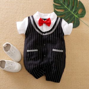 0-3 Months Baby Red Bow Black Round Neck Collar Lining Summer Cotton Handsome Gentleman Romper for Infants