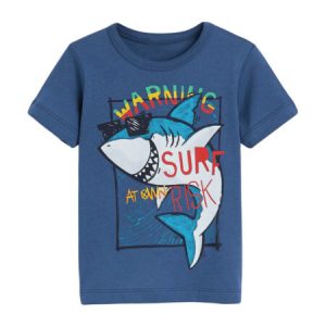 Navy Shark 100% Cotton Summer T-Shirt with "Warning: Surf at Your Risk" Print for Boys