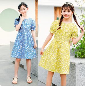 6-8 Years Girls Summer Cotton Puff Sleeves Floral Printed Frock