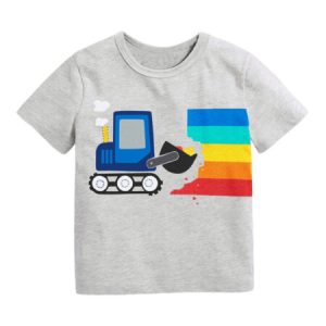 Gray 100% Cotton Summer T-Shirt with Rainbow Excavator Print for Boys