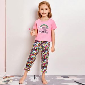 Pink Rainbow Shirt & Colorful Floral Trouser Girls 100% Cotton Summer 2pcs Shirt & Trouser Set