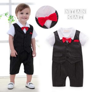 Baby Red Bow Black Lining Summer Handsome Gentleman Romper for Infants
