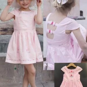 1-5 Years Girls Summer Pink Embroidery Flowers Short Sleeves Frock